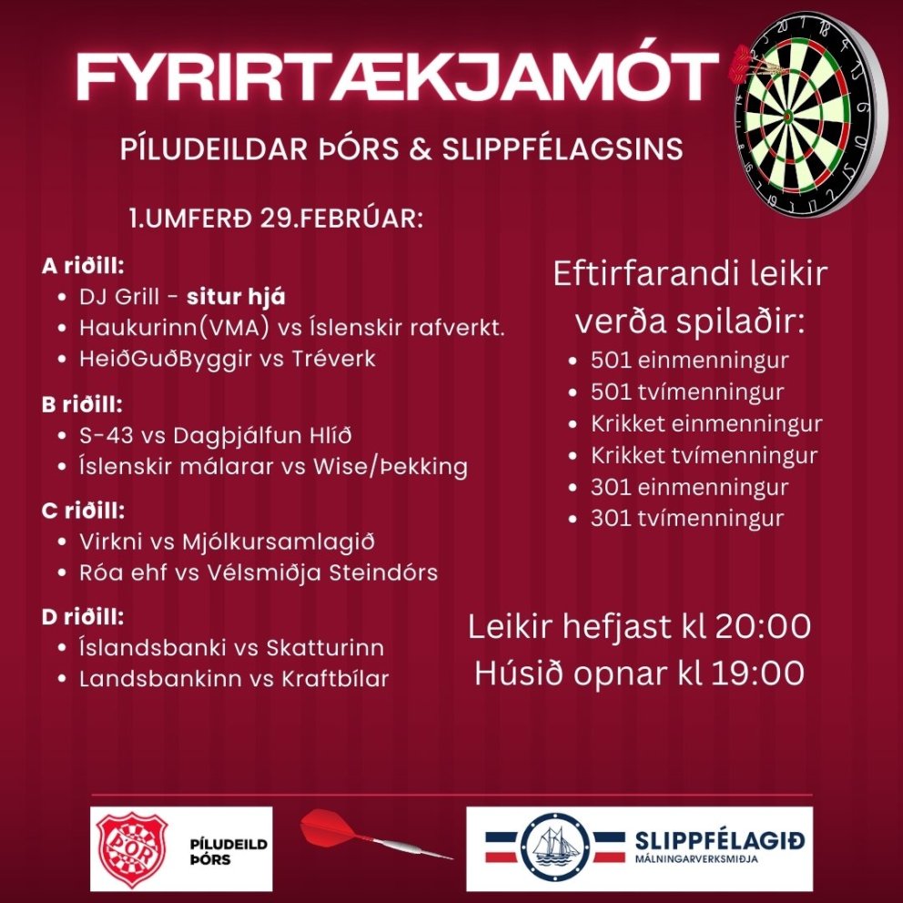 Fyrirtækjamót Slippfélagsins og píludeildarinnar hefst í kvöld