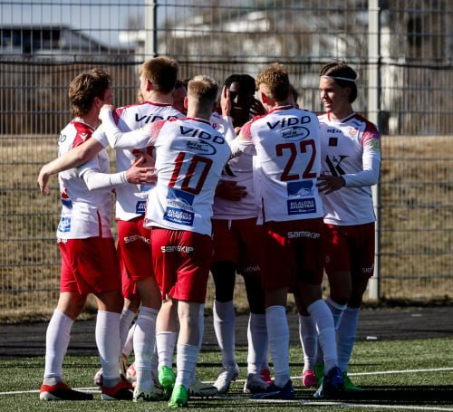 Okkar menn fagna fyrr í sumar. Mynd: fotbolti.net