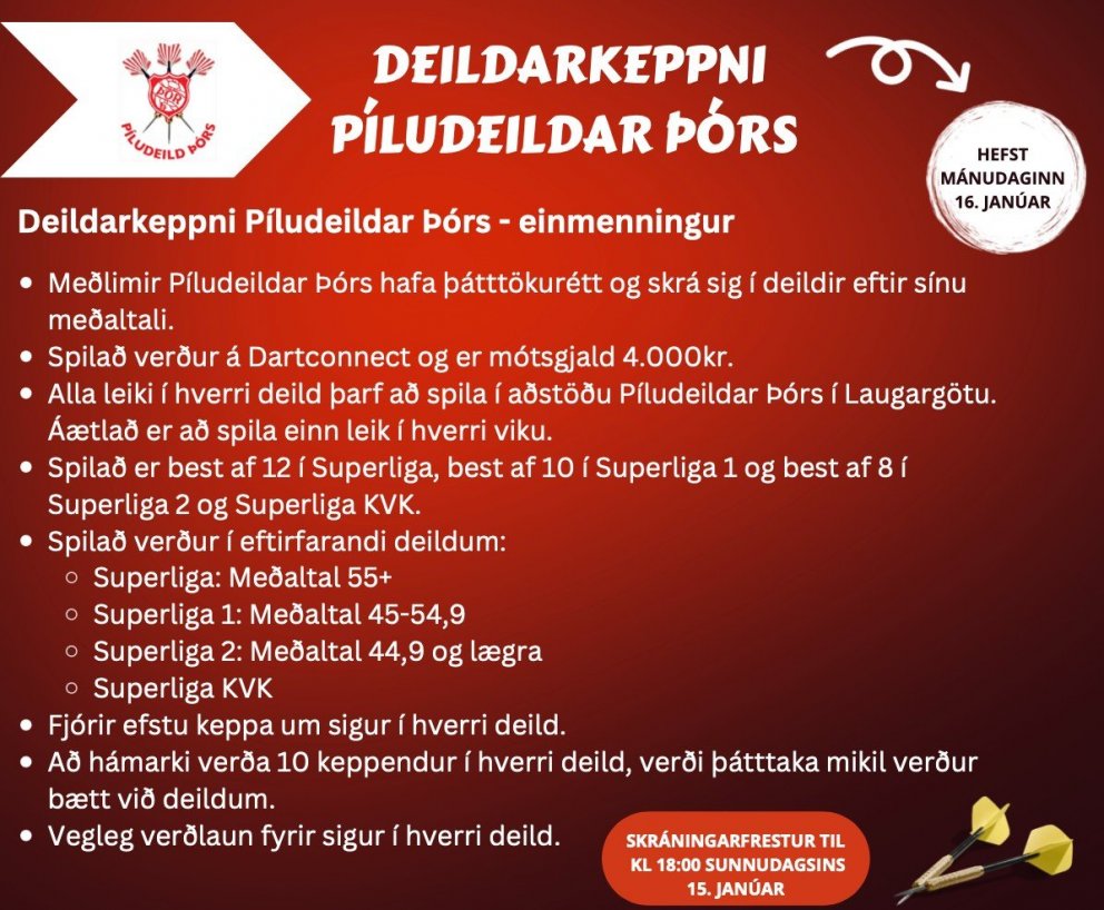 Skráning í Deildakeppni Píludeildar stendur yfir