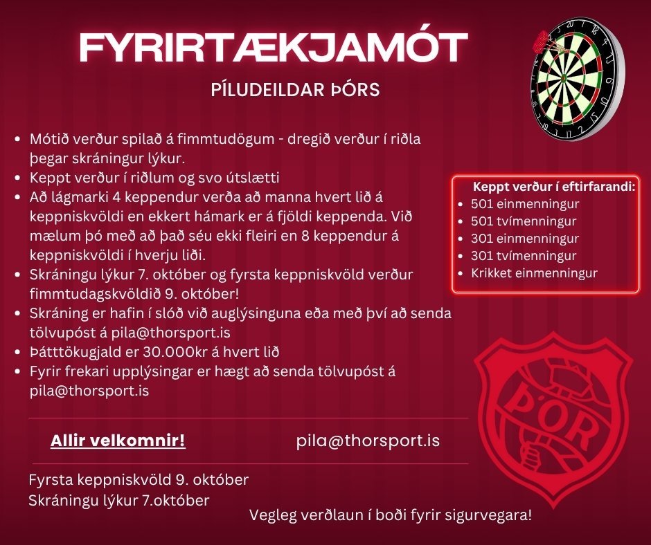 Pílukast: Fyrirtækjamót Píludeildar Þórs hefst á fimmtudaginn!