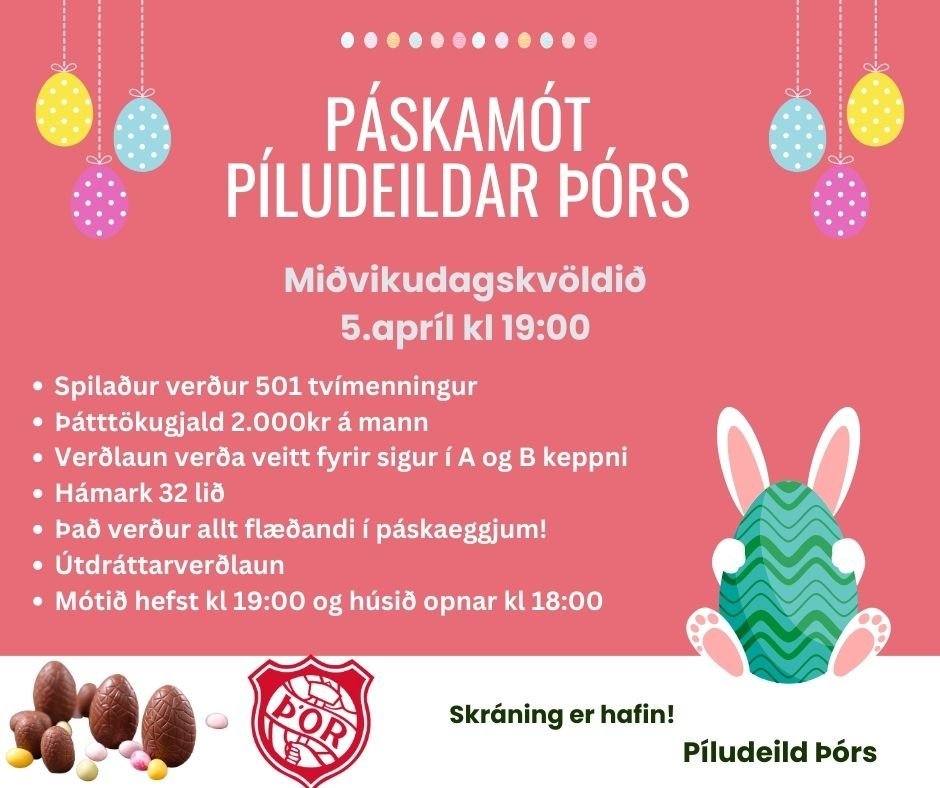 Páskamót píludeildar miðvikudaginn 5. apríl